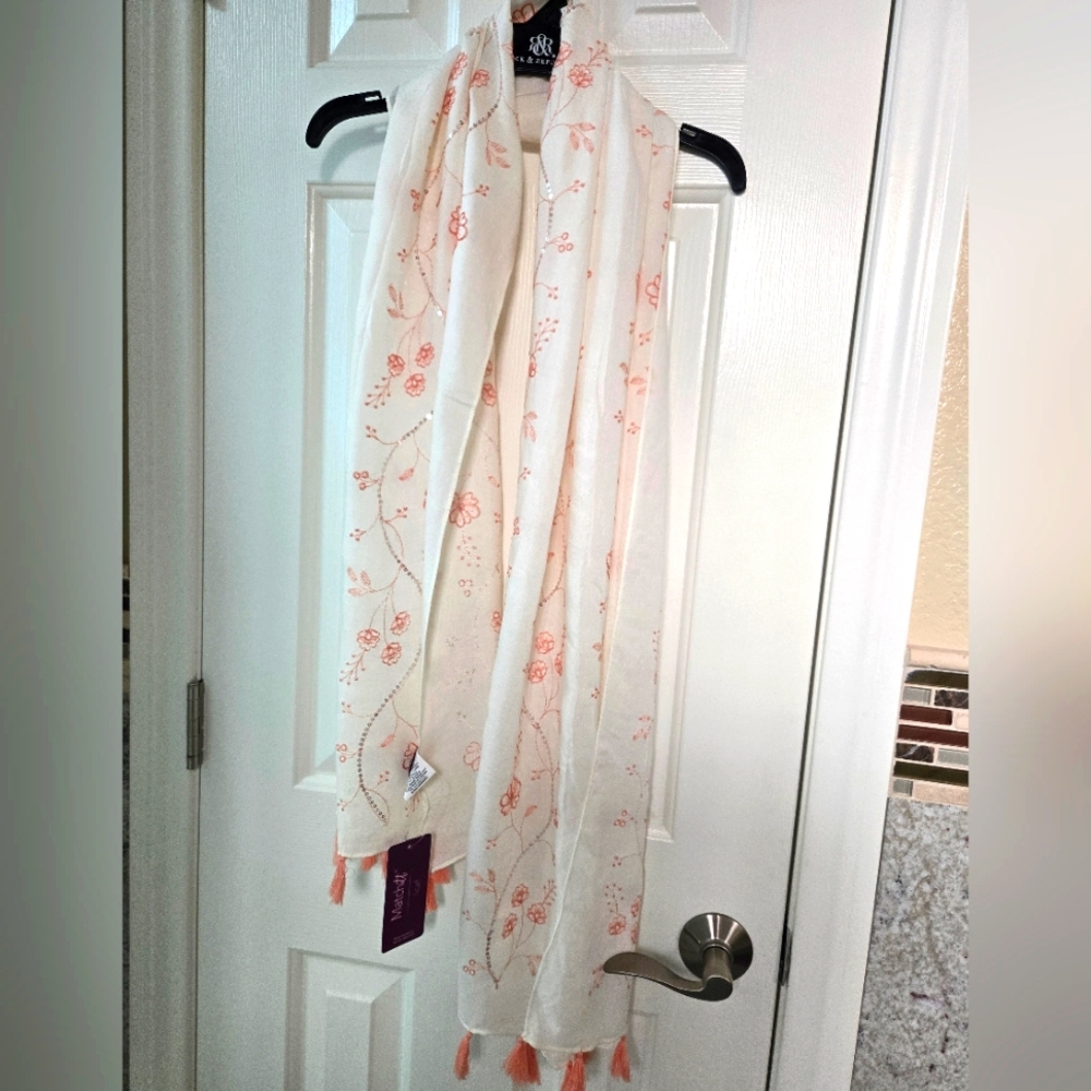 New Creamy White Long Woman's Scarf with Peach Embroidery & Silver Sequins